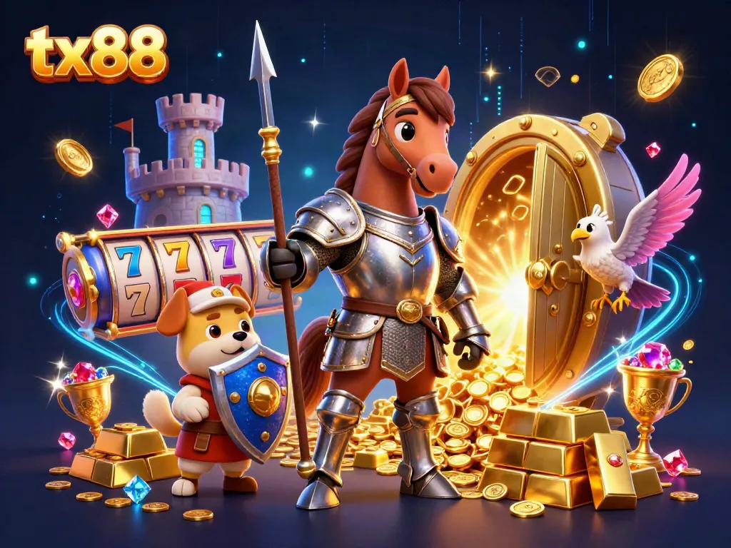 Engage in thrilling slots with tx88 as the knight rides through gold and jewels in this vibrant casino scene.