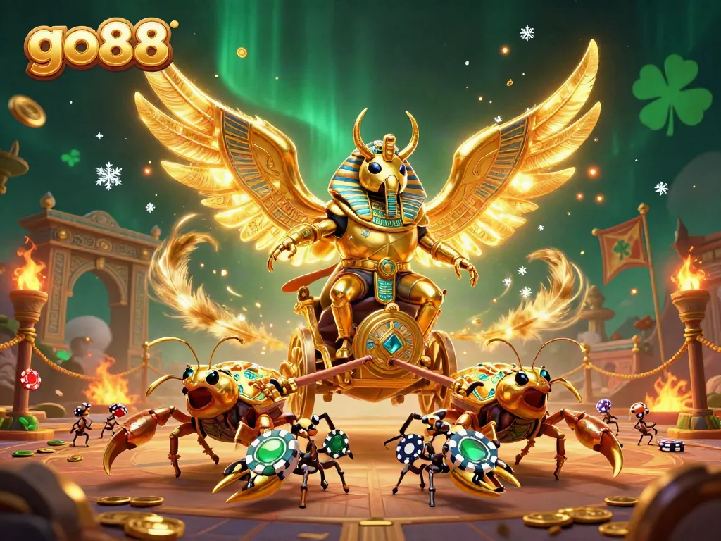 Engage with go88's epic casino gameplay, featuring a golden scarab beetle and scorpion chariot.