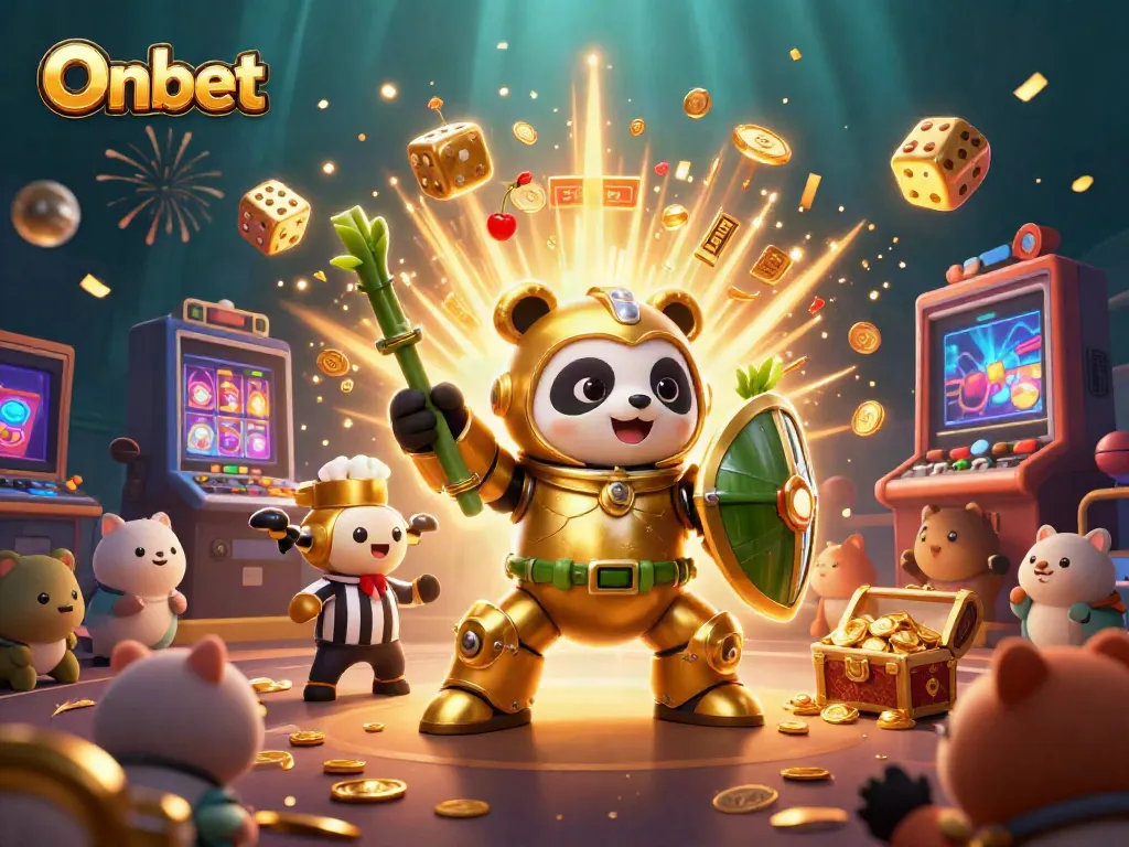 Engage with Onbet's vibrant casino games through a lively 3D illustration that highlights dynamic elements and excitement.