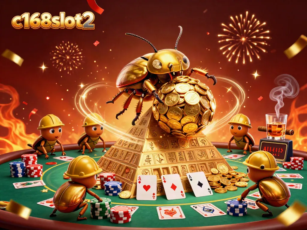 Engage with c168slot2's vibrant 3D casino-themed illustration featuring a golden dung beetle and poker elements.