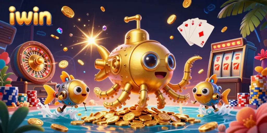 Engage with iwin's exciting casino experience, featuring a golden kraken submarine amidst flying coins and dynamic game elements.