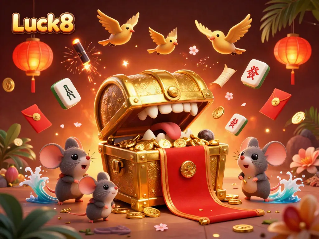 Experience the excitement of Luck8 with golden treasures, vibrant symbols, and tropical elements in a dynamic 3D scene.
