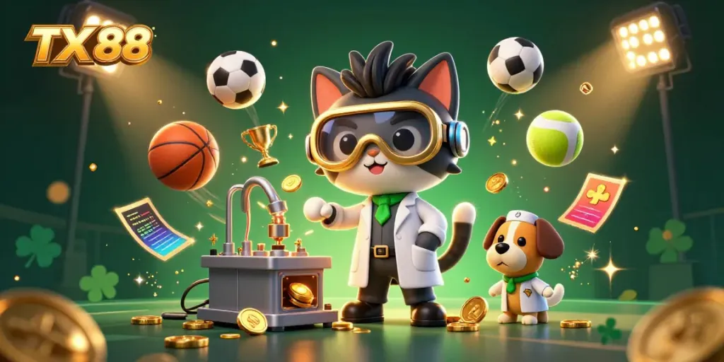 TX 88 celebrates gambling with a whimsical scene of a mad scientist cat and dog, sports balls flying around.