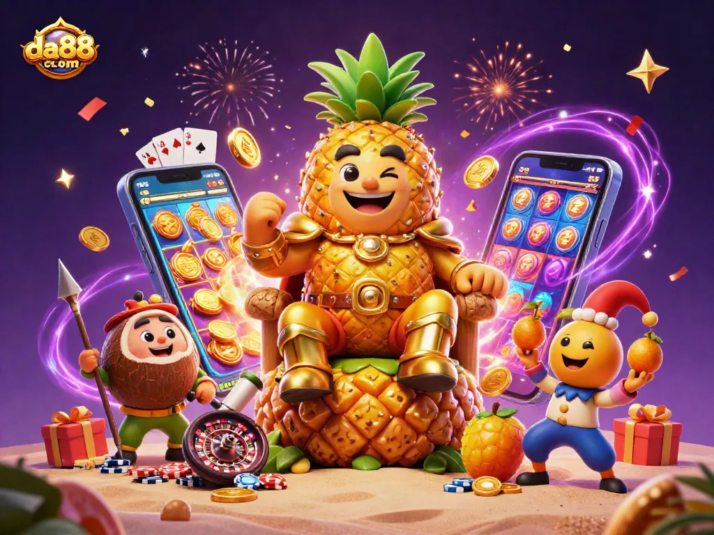 Engage with da88com in a vibrant casino scene featuring a golden pineapple king and colorful game elements.