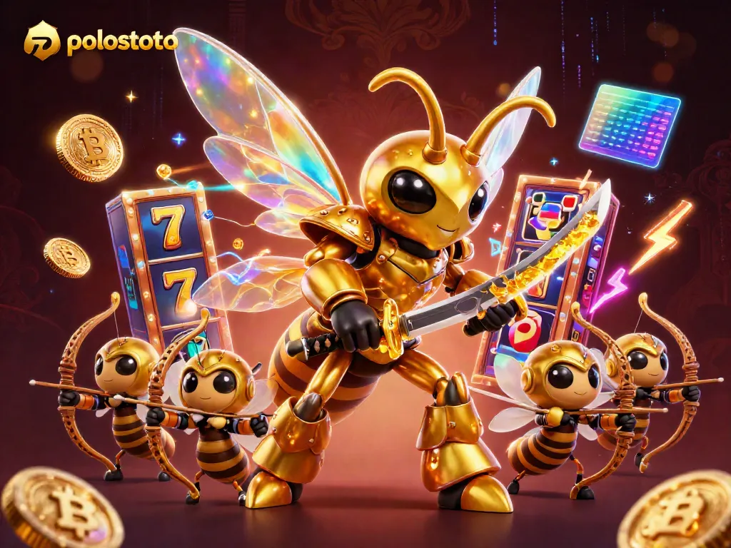 Experience the excitement at Polostoto as a samurai bee wields swords amidst vibrant slot reels and cryptos.