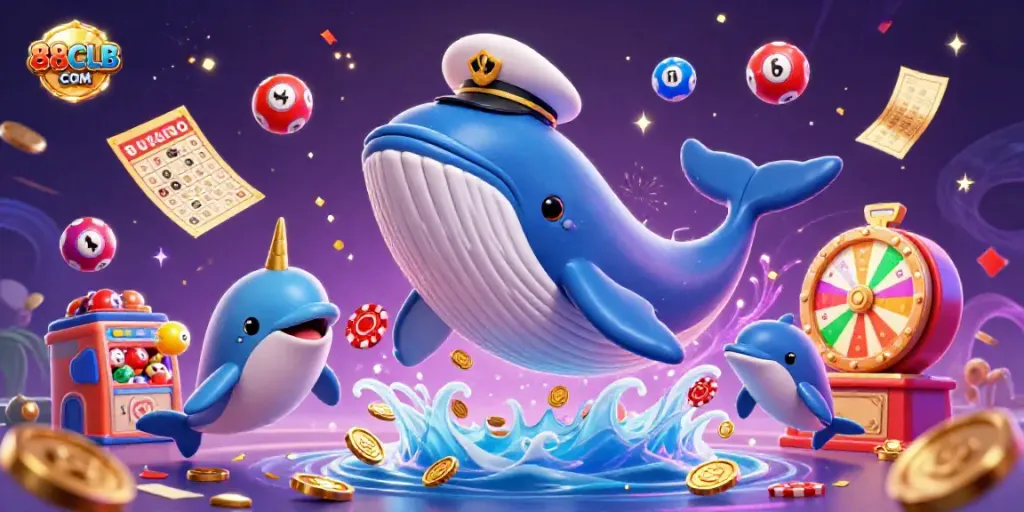 Experience the thrill of gaming with 88CLB COM's vibrant whale and friends in a dynamic casino scene filled with excitement.