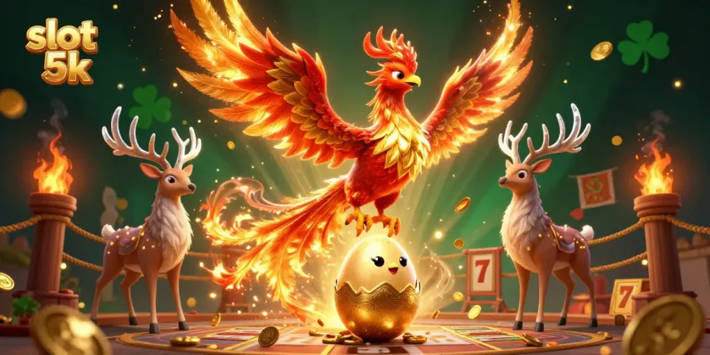 Play and win at slot 5k with a magical phoenix hatching in a vibrant casino scene.
