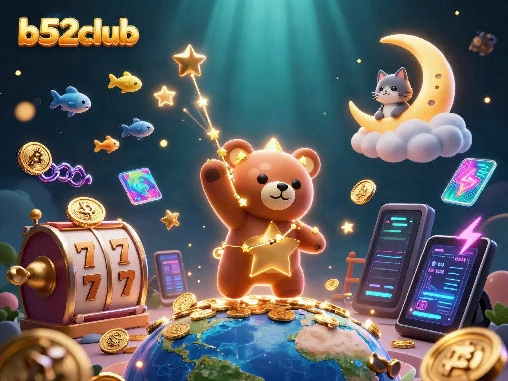 Engage with the thrilling world of b52club through this vibrant 3D illustration capturing gamers amidst slots and starry characters.