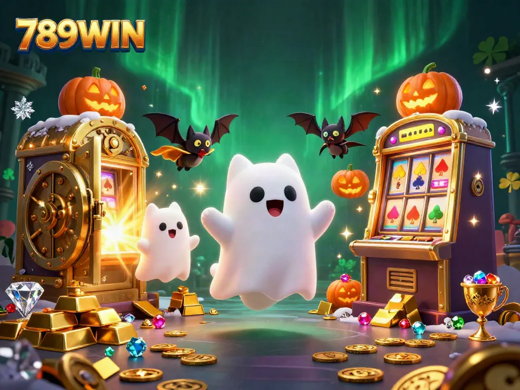 Experience the thrilling world of 789WIN with a playful ghost cat and rich casino treasures.