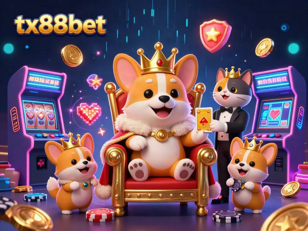 Experience thrilling games with tx88bet, where a royal corgi and vibrant casino elements entice players.