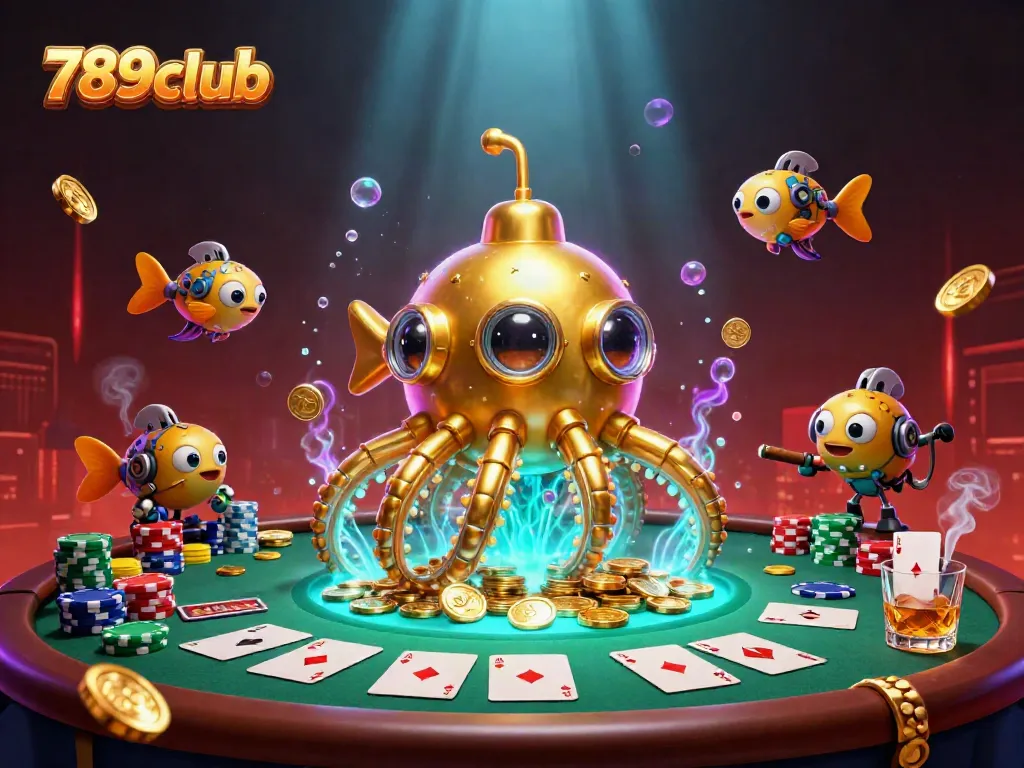 Engage with the exciting world of 789club as a golden kraken submarine dives through a sea of gold coins while hosting a vibrant poker scene.