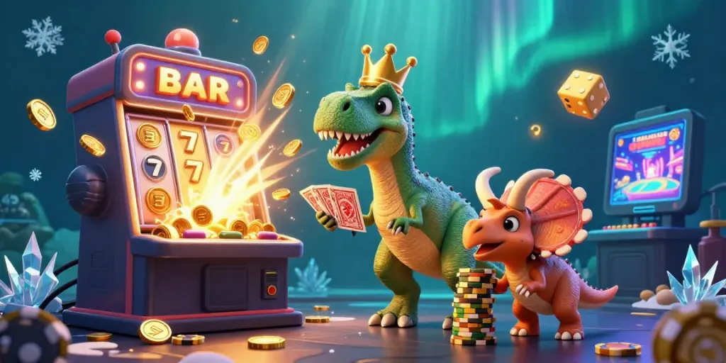 Experience the excitement of lc88 with a fun T-Rex card shuffling scene amidst vibrant casino elements.