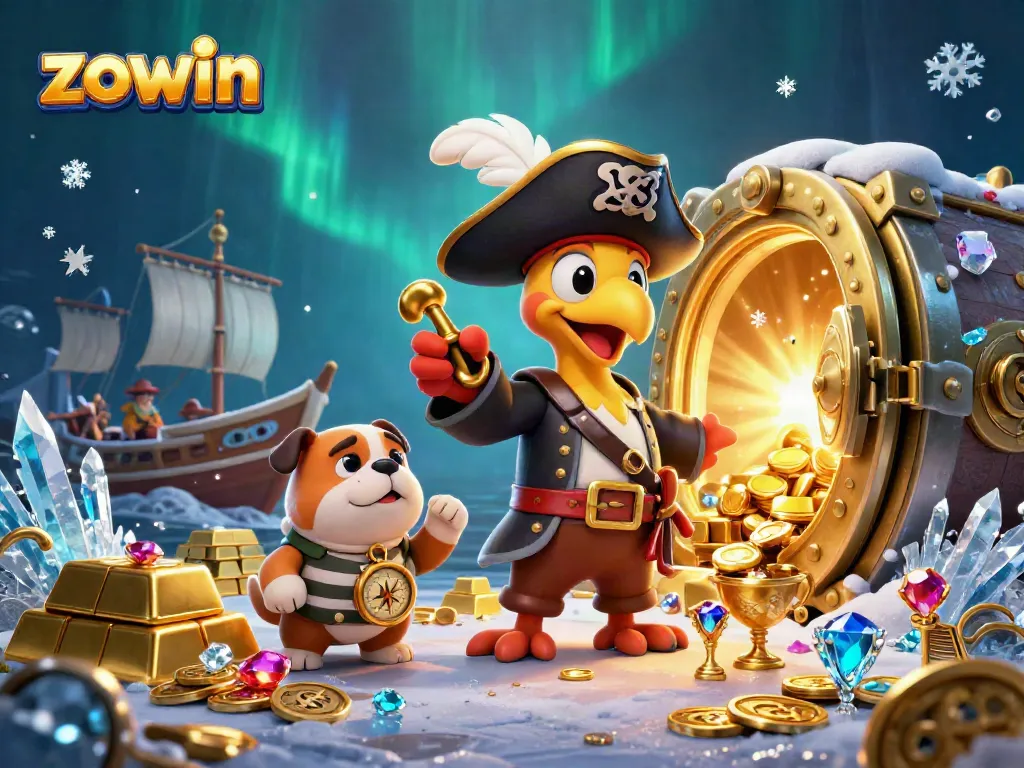 Experience exhilarating gameplay with zowin in this vibrant pirate-themed casino illustration full of treasure.