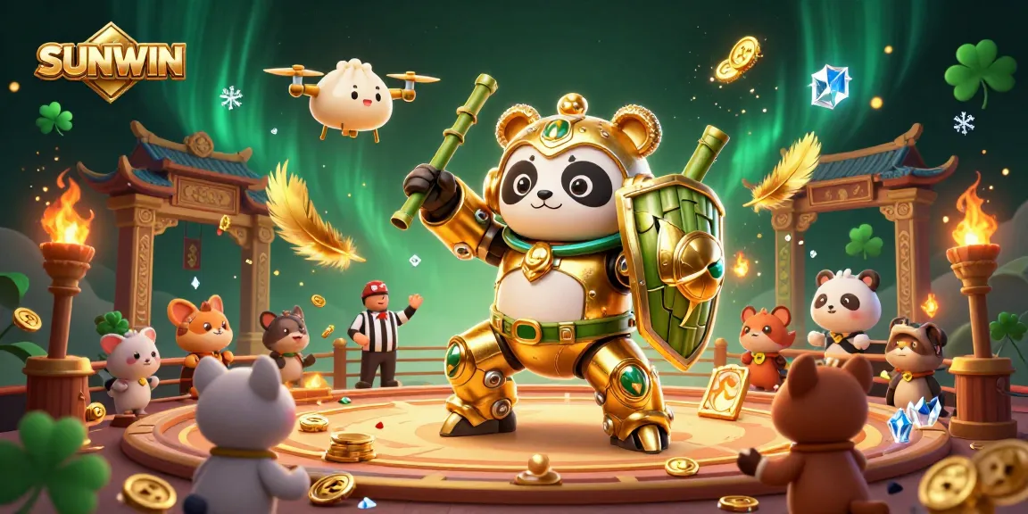 SUNWIN showcases an epic gaming scene with a golden panda mech battling in a vibrant casino arena.