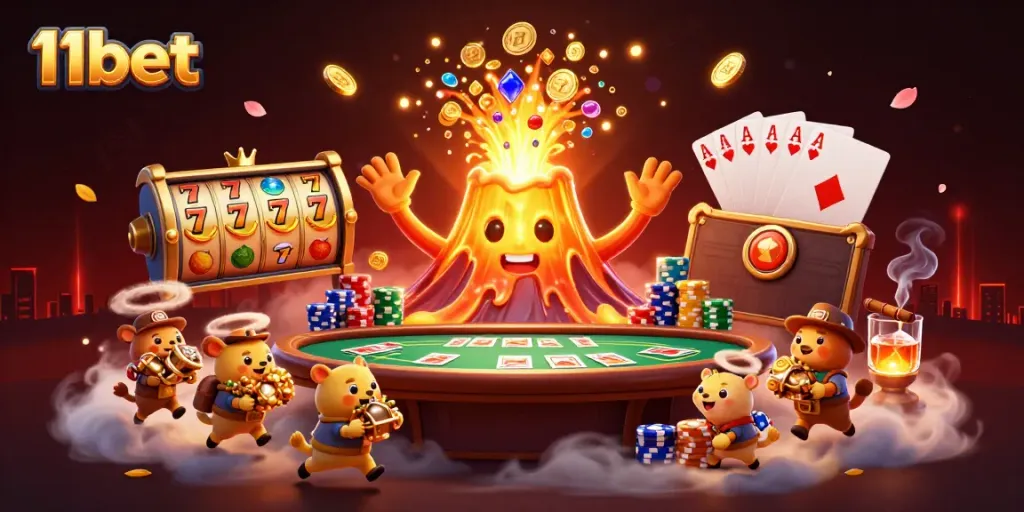 Experience thrilling gameplay at 11bet as the golden volcano erupts with treasures in a vibrant casino scene.