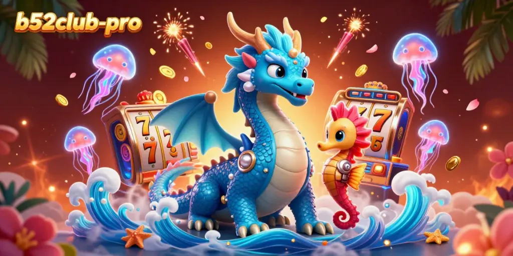 Experience winning slots at b52club-pro with a vibrant dragon and seahorse surrounded by jackpots.