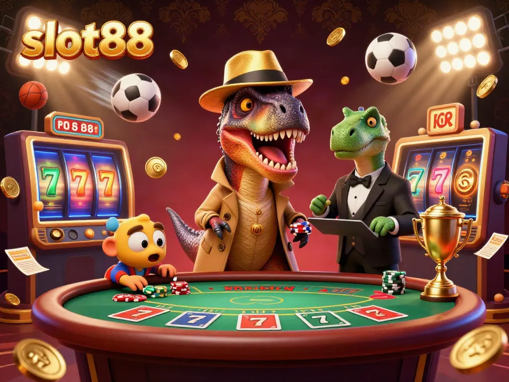 Experience slot88 excitement with a velociraptor card counter and jackpot thrills in this vibrant casino scene.