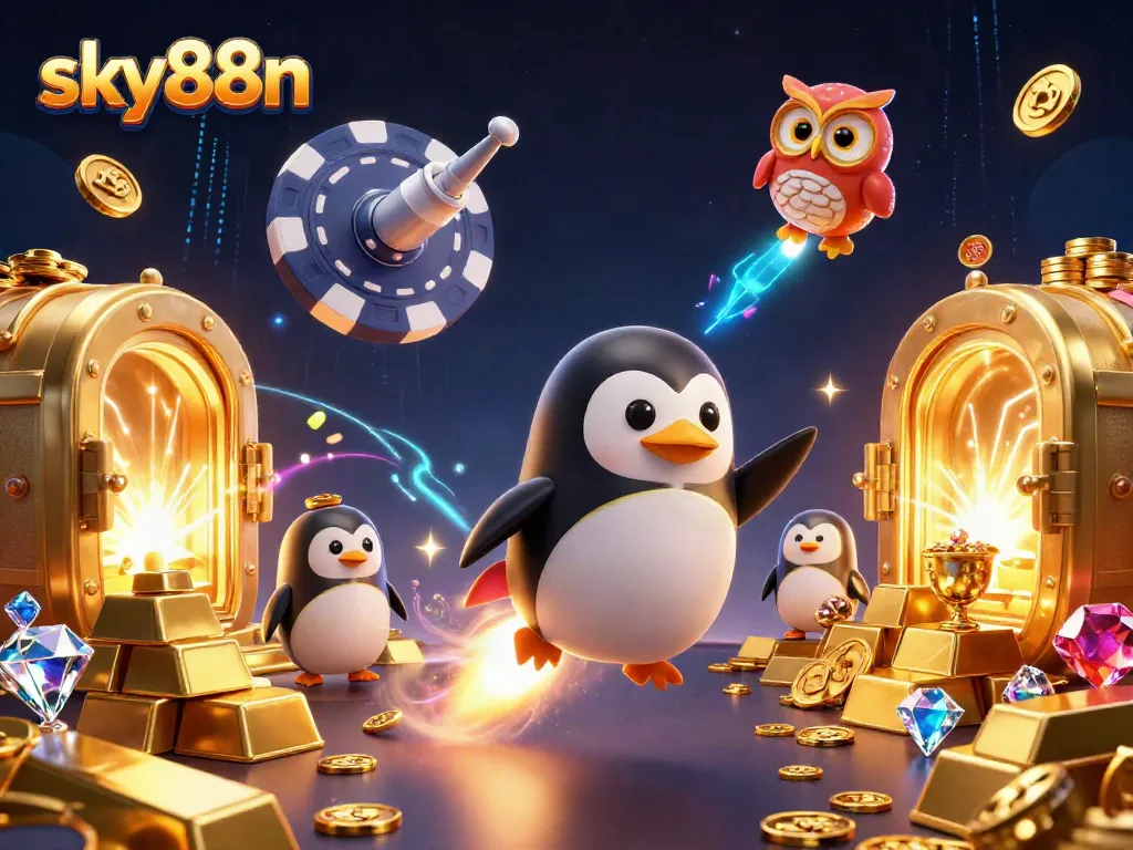 Experience thrilling gaming action at sky88n with a golden penguin exploring a casino universe filled with treasures