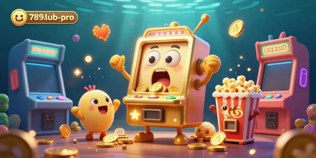 Win big with the golden slot machine at 789lub-pro as coins pour out amidst a lively arcade scene.