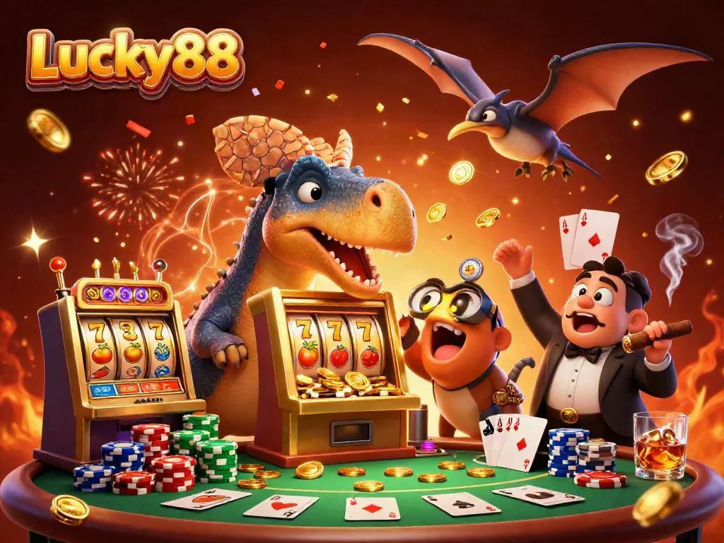 Lucky88 character scene featuring a pachycephalosaurus winning coins from a slot machine, with casino elements.