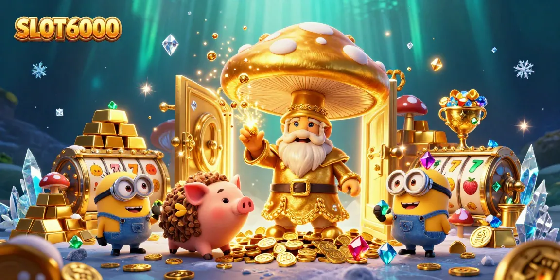 Play SLOT6000 with excitement as the golden mushroom wizard reveals treasures in a vibrant casino scene.