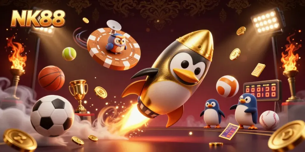 Experience the excitement of NK88 with a cosmic casino adventure featuring sports elements and a golden penguin.