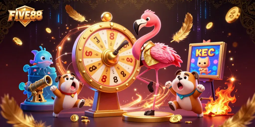 Experience the excitement of FIVE88 with animated characters in a vibrant casino setting.