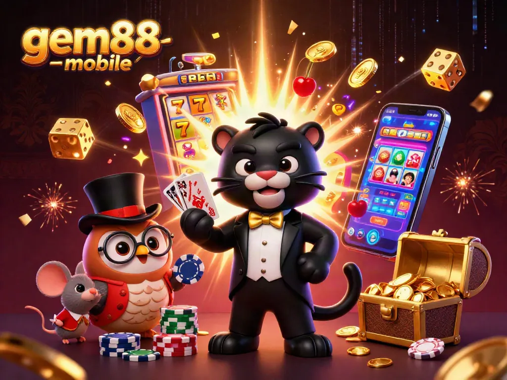 Engaging scene of the gem88-mobile characters in a vibrant casino atmosphere with slot machines and poker action