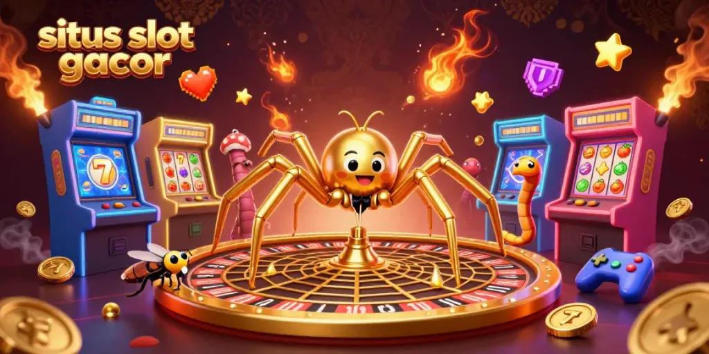 Experience situs slot gacor with golden spider spinning roulette-themed web surrounded by vibrant gambling elements.
