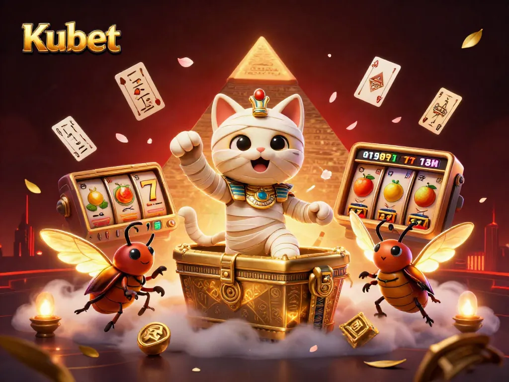 Kubet casino graphic showcasing an Egyptian mummy cat and scarab beetle celebrating jackpot wins