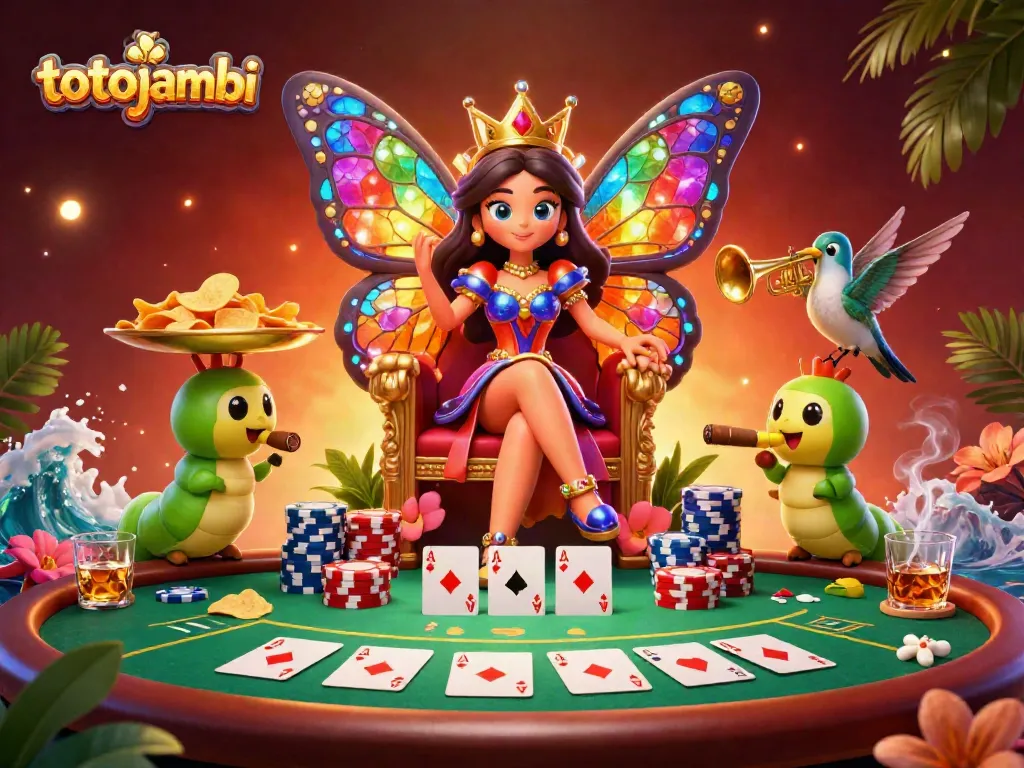 Engage with the magical scene of totojambi, featuring a butterfly queen amidst vibrant poker elements.