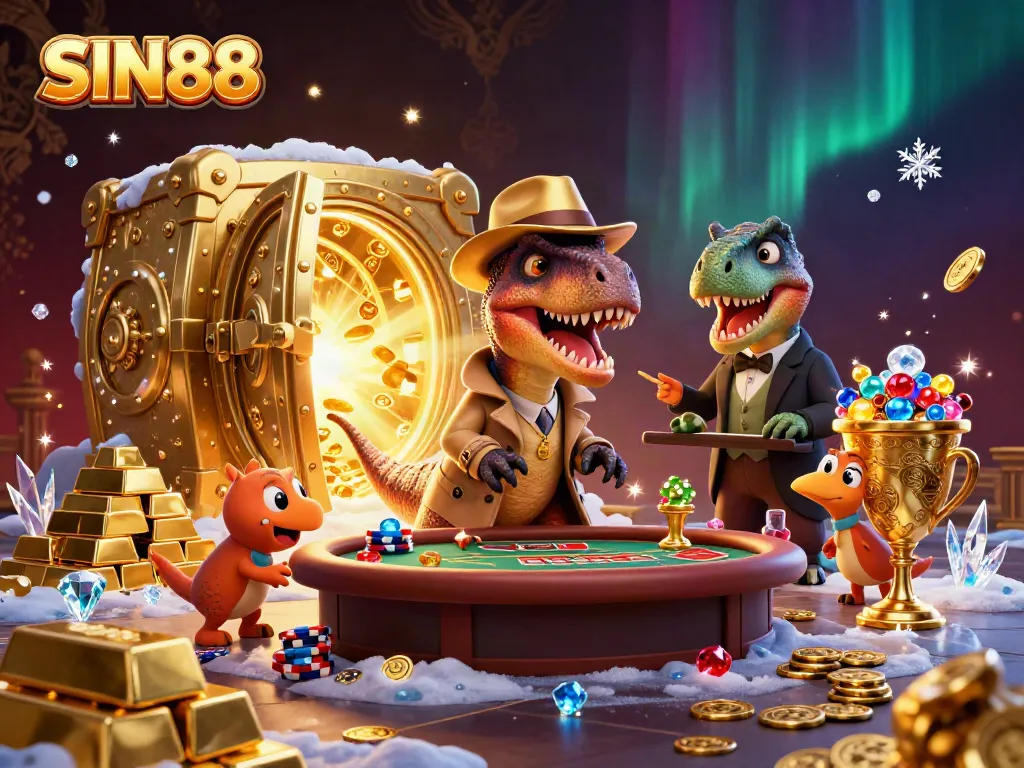 SIN88 features a cartoon velociraptor card counter at blackjack, with a stegosaurus pit boss and a compy sneaking chips.