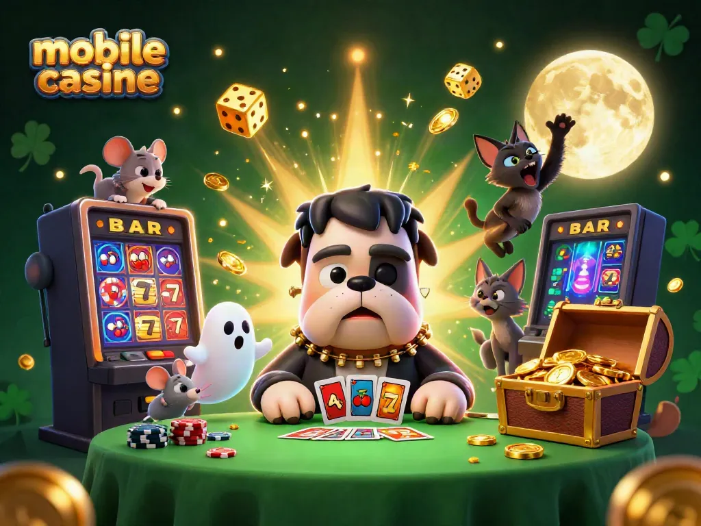 Engage with the vivid world of mobile online casinos featuring a cartoon Frankenstein bulldog and ghostly elements.