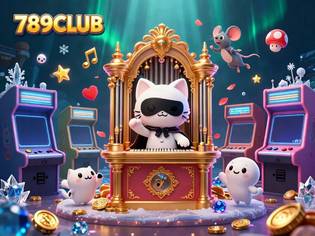 Experience 789CLUB’s casino magic with a whimsical cat and acrobat, amidst vibrant games and golden notes.