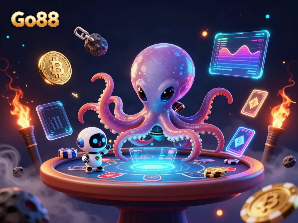 Play thrilling poker with Go88 alongside a vibrant alien octopus in a neon-lit cosmic setting.