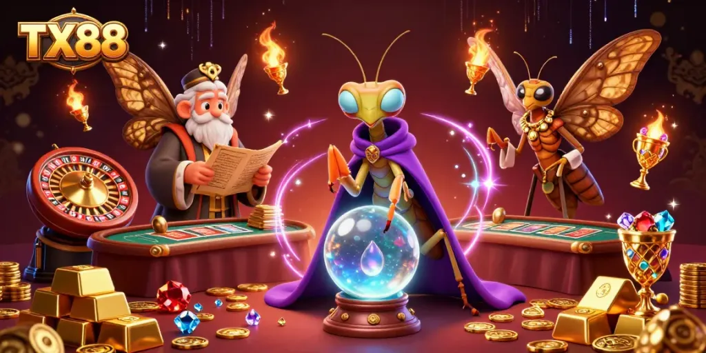 Engage with TX88's thrilling live casino atmosphere surrounded by fortune tellers and treasures.