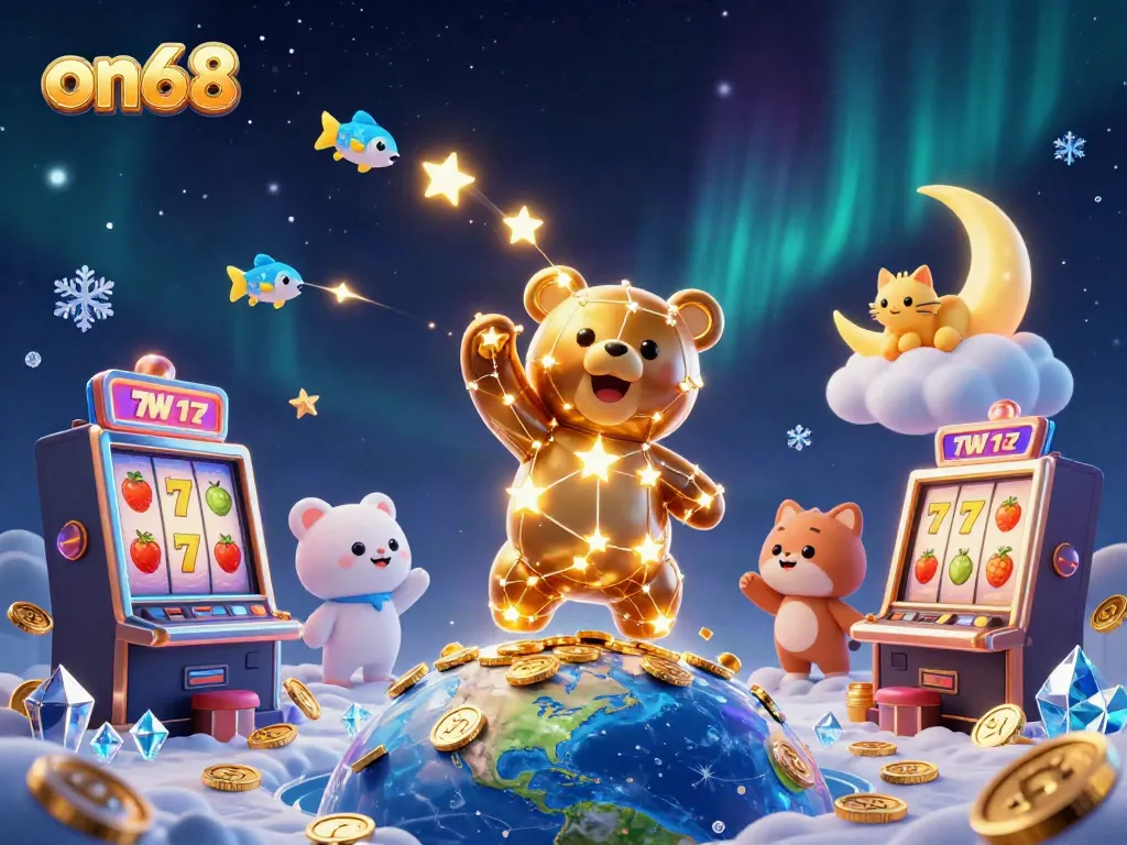 Experience thrilling gameplay with on68's vibrant slots and lucky symbols in a captivating cosmic scene.