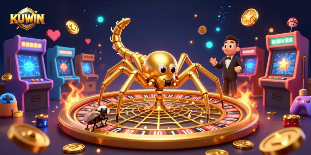 Kuwin casino showcases a colorful 3D gaming scene with a spider wheel, inviting players to spin and win big.