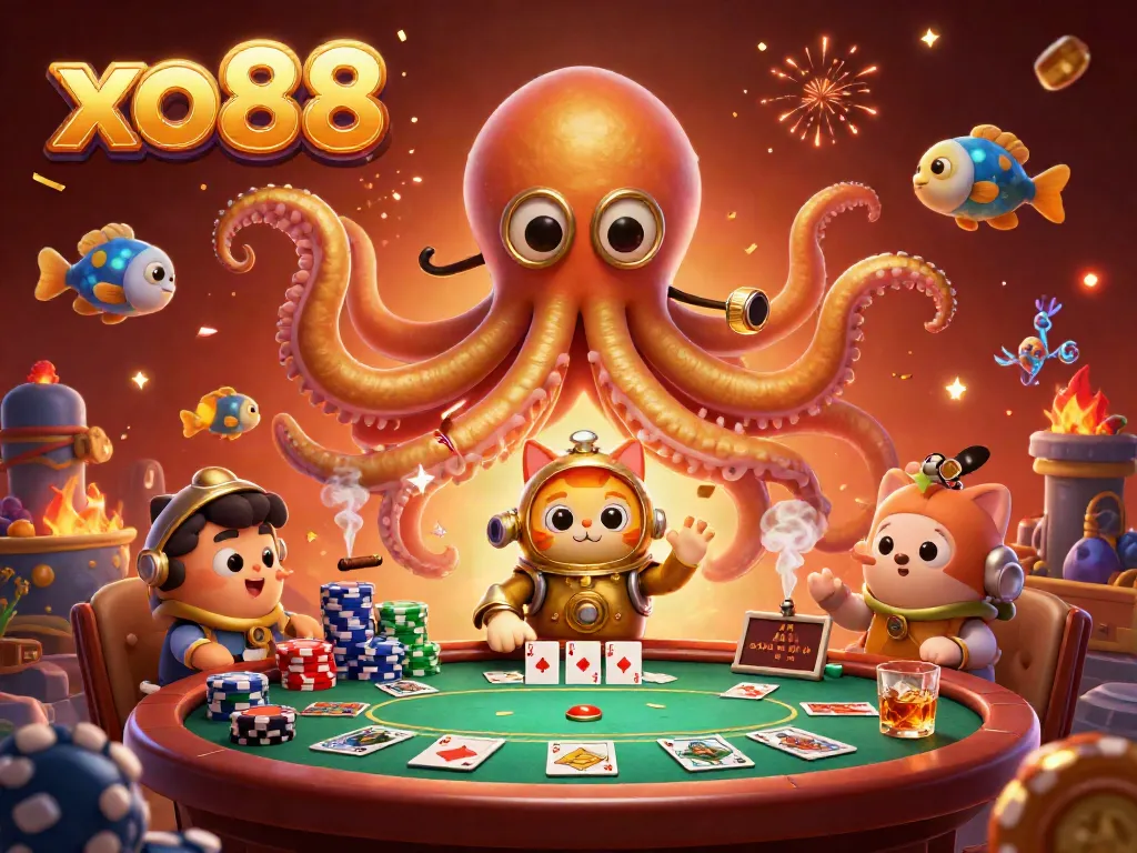 Experience exhilarating gameplay at xo88 with a vibrant scene featuring a colossal kraken and a diving cat amidst poker elements.