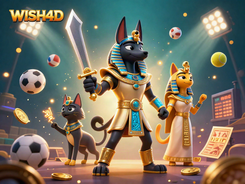 Engage with WISH4D through a vibrant scene featuring Anubis, Bastet, and dynamic sports elements.