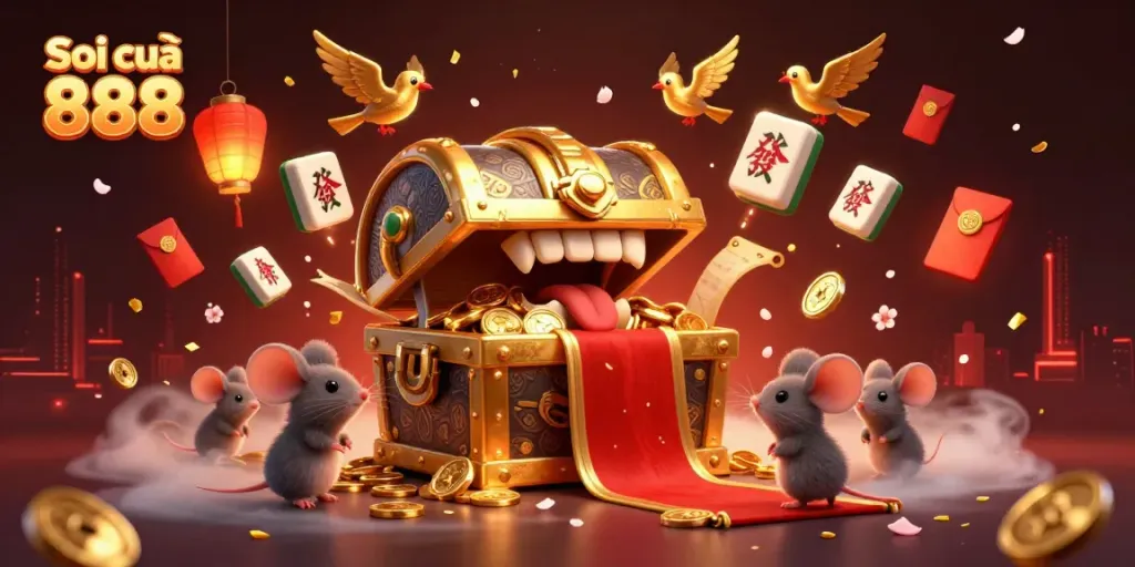 Soi cầu 888 captures the excitement of adventurer mice drawn to a golden treasure chest surrounded by festive elements.