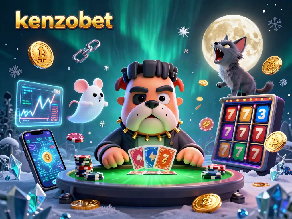 kenzobet features a monstrous bulldog dealer amidst floating coins and vibrant casino elements.