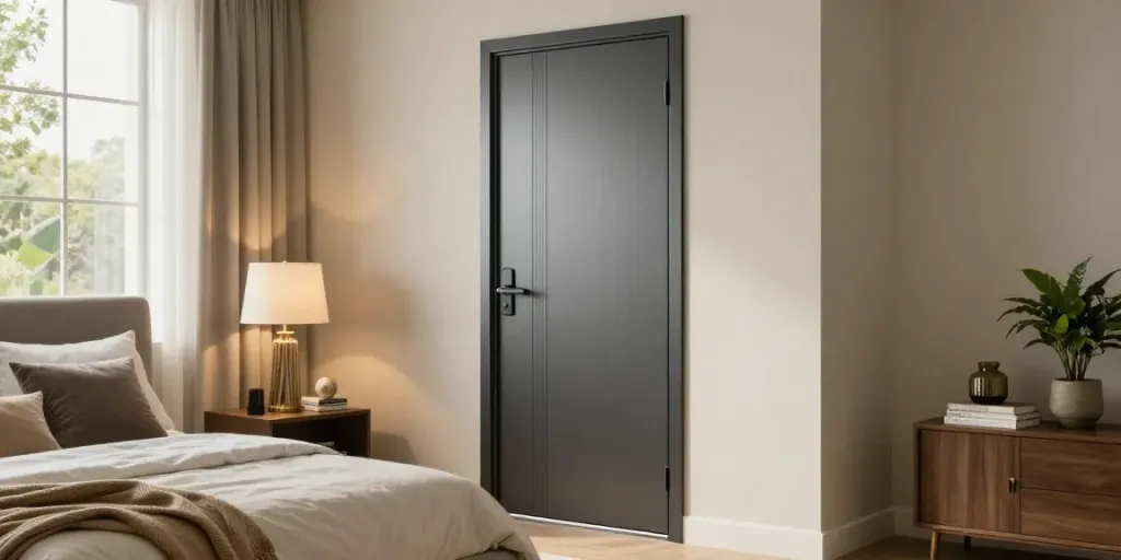 Stylish bedroom with a Pintu upvc kamar tidur enhancing modern decor and comfort.