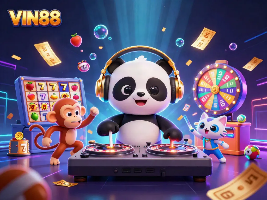 Engage with exciting slots at VIN88 with vibrant characters and casino elements in a dynamic scene.