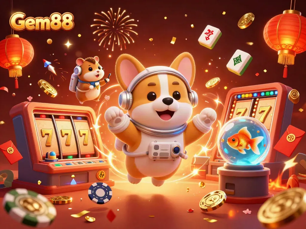 Engage in the thrill of Gem88 casino with vibrant 3D elements and characters in space.