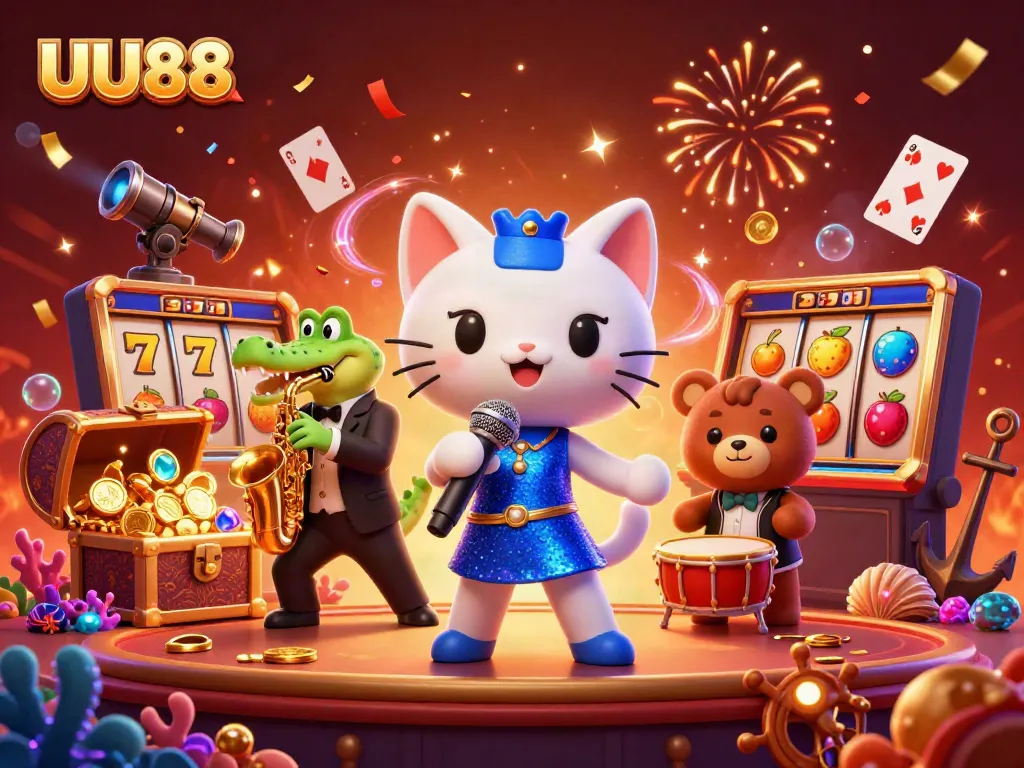 Engage in thrilling gameplay with UU88, the vibrant casino scene featuring lively characters and slot elements.