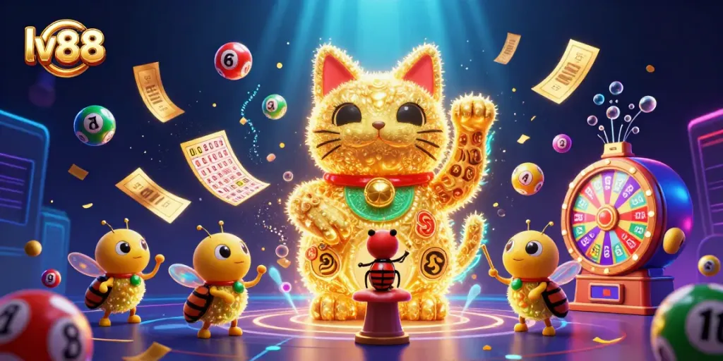 Experience the thrilling world of lv88 with vibrant casino-themed elements and a dynamic lucky cat.