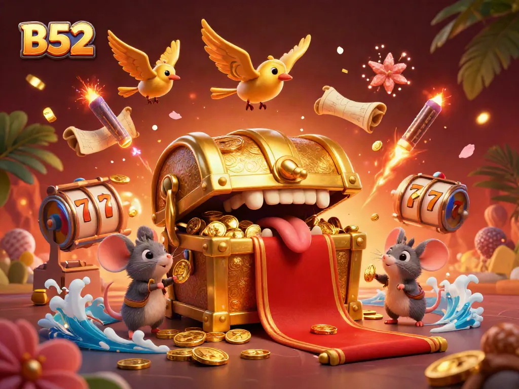 Experience the thrill of B52 with vibrant slot reels and a treasure chest inviting players to riches.