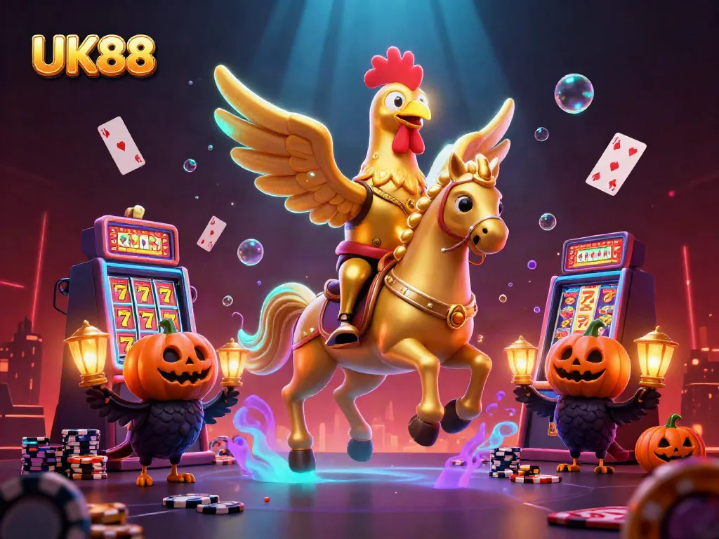 Engage in thrilling casino action with UK88's golden rooster and friends in a vibrant midnight scene.