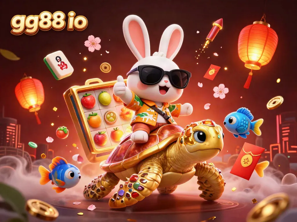 Experience the excitement of gg88 io with a playful rabbit and giant turtle amid vibrant casino elements.